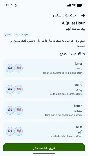 معرفی داستان و واژگان آن با معنی فارسی